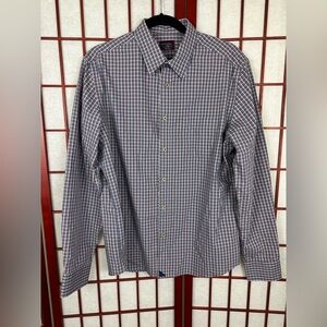 Untuckit Mens Blue Red Checked Cotton Slim Fit Wrinkle Free Button Down Shirt